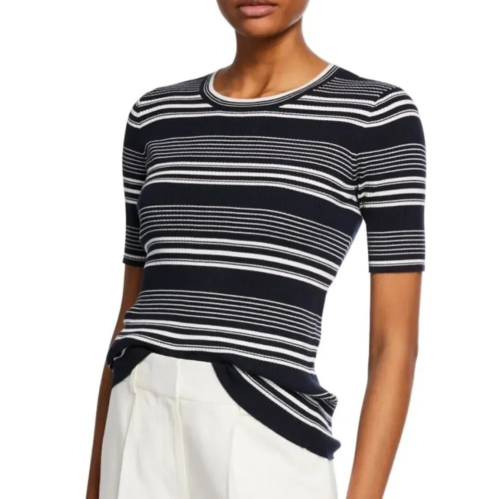 Frame Women's Shirt XS Panel Stripe Ribbed Knit Crew Tee in Black & White Top